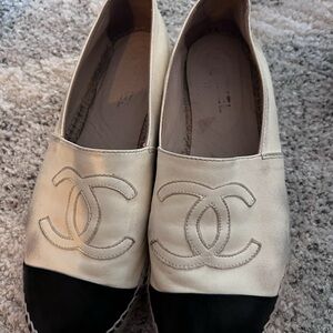 Chanel Two-Tone Leather Espadrilles in Cream and Black